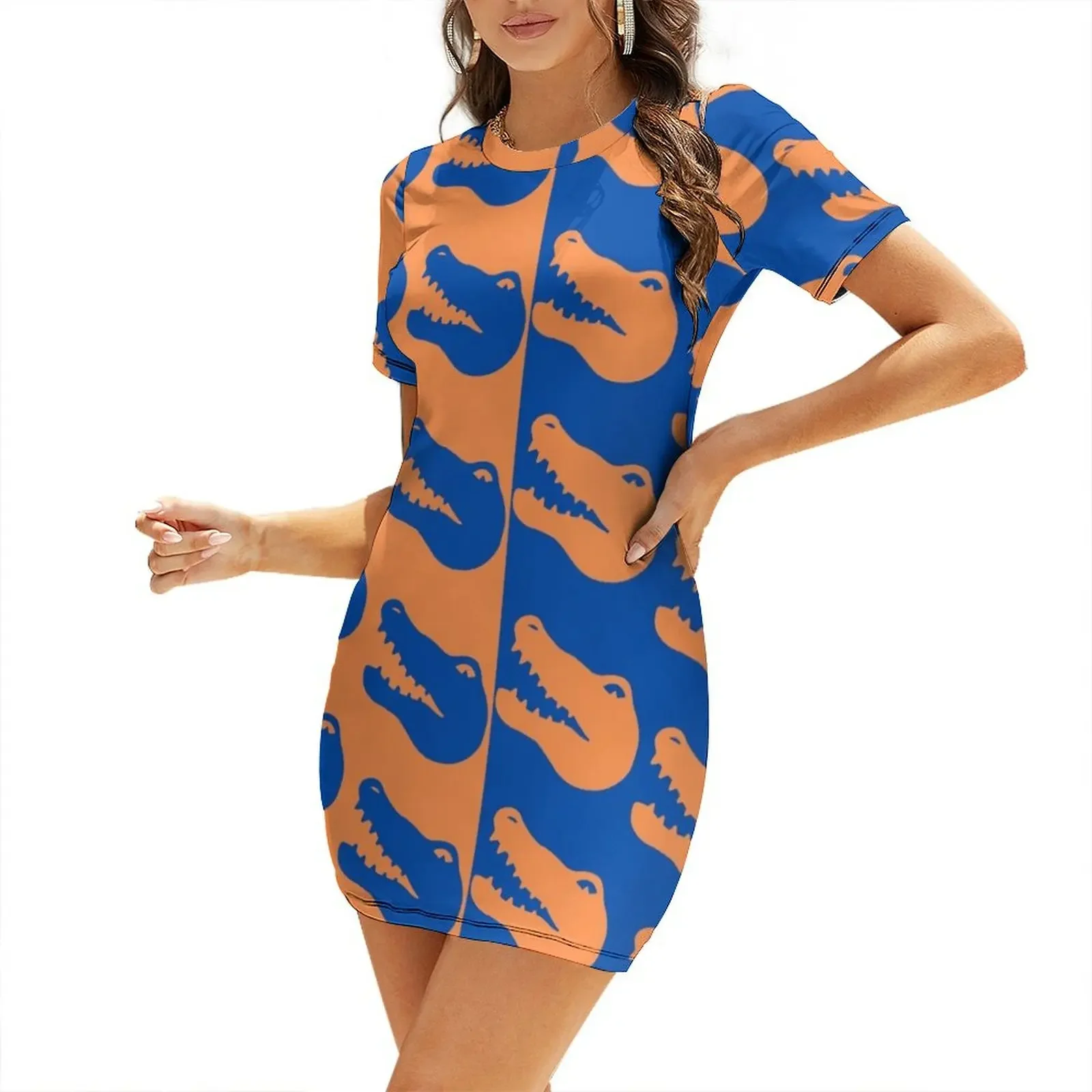 

Orange and Blue Gator Patter Short-Sleeved Dress Woman clothes sexy dress Long dresses Dress