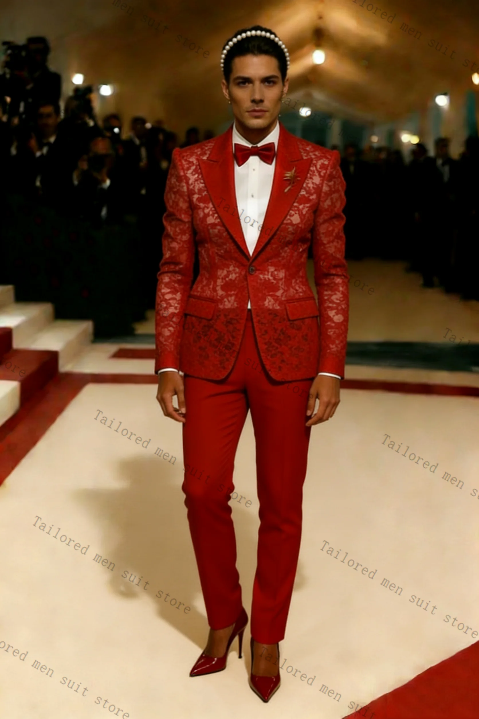 

Red Men Suits Pants Set 2 Pcs Blazer+Cotton Trousers Groom Luxury Wedding Tuxedos Jacket Formal Office Business Coat Outfit