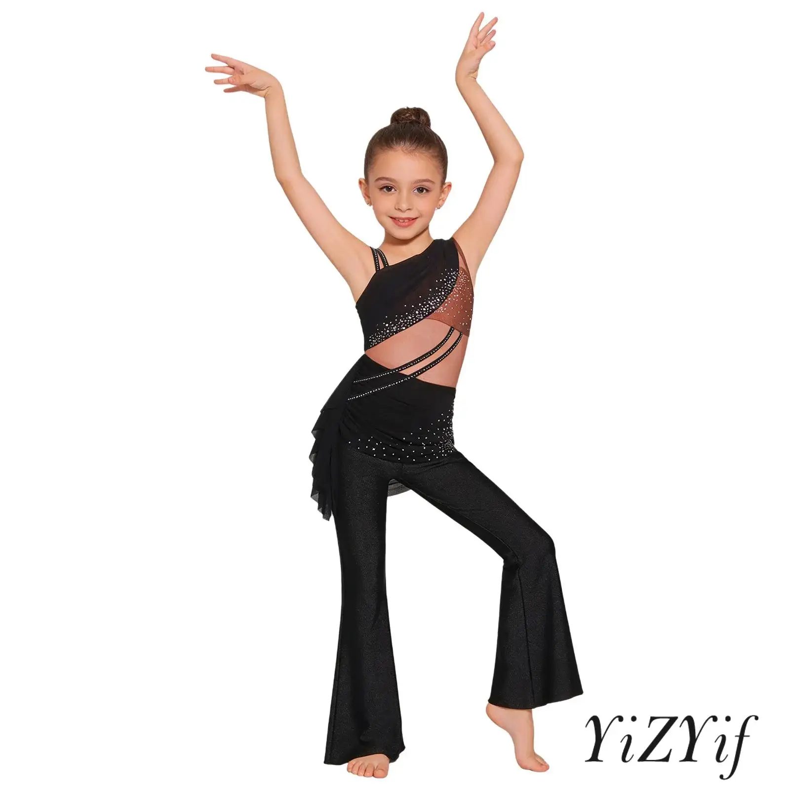 

Rhinestone Color Block gymnastics Dance Bodysuit for Kids Sleeveless Bell Bottom Jumpsuit for Ballet Gymnastic Jazz Performance