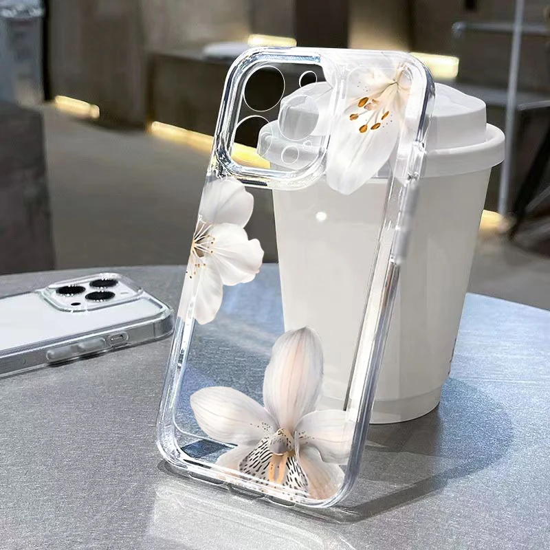 Fashion Exquisite White Lily Flower Phone Case For iPhone 17 16 15 Pro Max 14 13 12 11 XS X 8 Plus 16E 17 Air Transparent Cover view 6