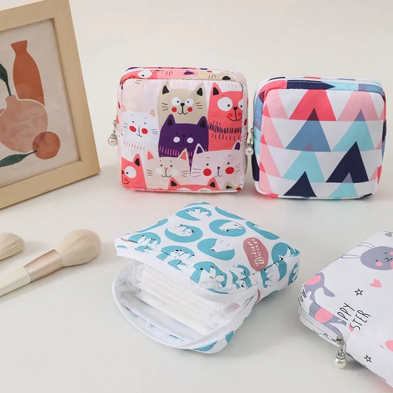 Women Sanitary Napkin Storage Bag Cotton Travel Makeup Storage Bag Literary Zipper Coin Purse Sundries Storage Organizer Bags