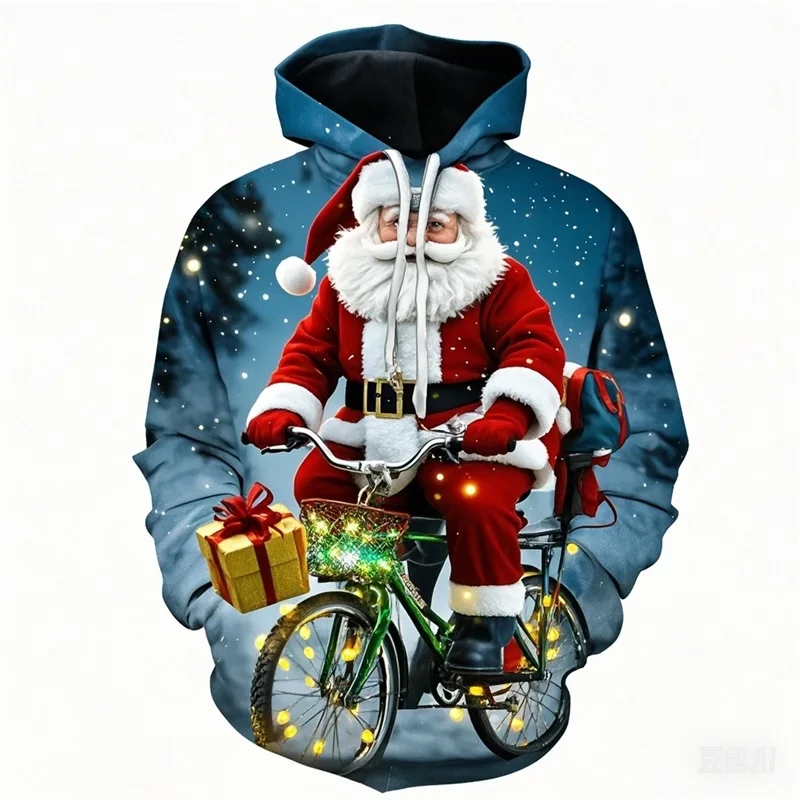 

Full Print Santa Claus Riding A Bicycle Hoodie For Men Women Merry Christmas Long Sleeve Pullovers Sweatshirt Tracksuit Clothes