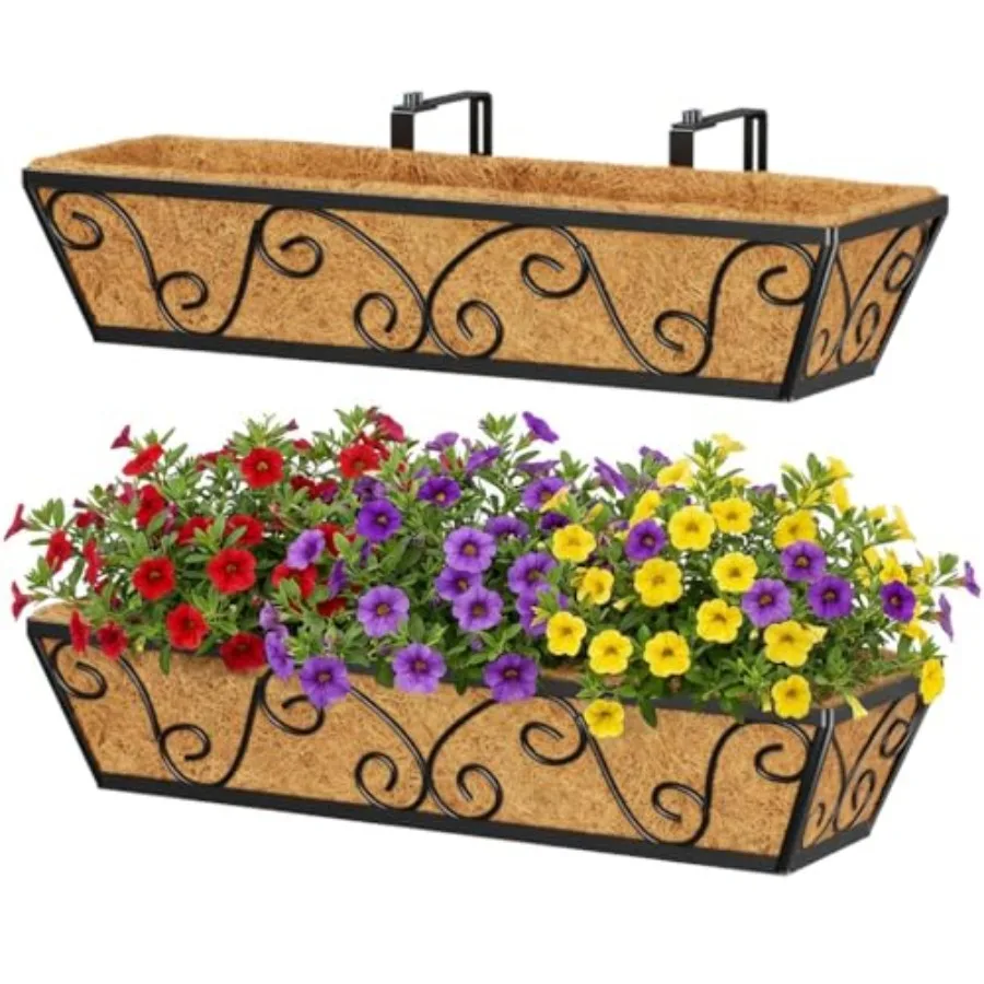 

Outdoor Rectangular Window Box Planter, 24-Inch Deck Railing Planter Boes and Hanging Railing Planters with Coco Coir Liner, Ru
