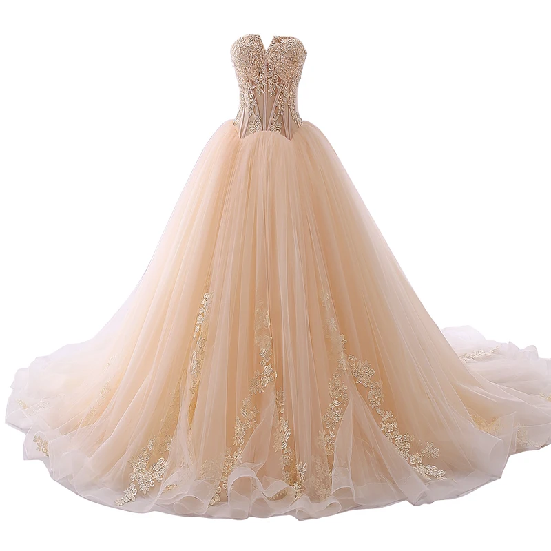 Aseoase Real Photo Champagne Trouwjurken Baljurk Strapless Tulle Applicaties Boho Trouwjurk Bruidsjurk Vestido De Noiva