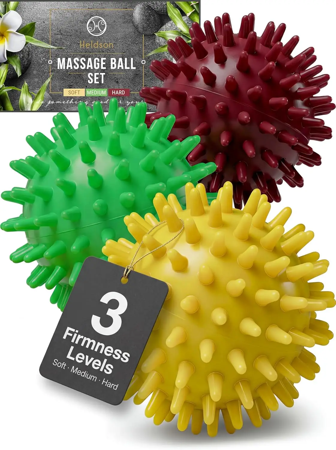 3 Spiky Massage Balls Set - Soft, Medium, Hard - Foot Roller for Plantar Fasciitis & Back Pain Relief - Trigger Point Therapy - Spiky Pressure