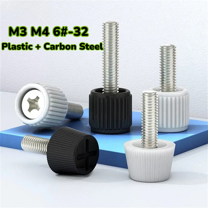 M3 M4 6#-32 Phillips Handle Plastic Head Carbon Steel Adjustment Screws Desktop Computer Case Screws Cylindrical Knurled Screw