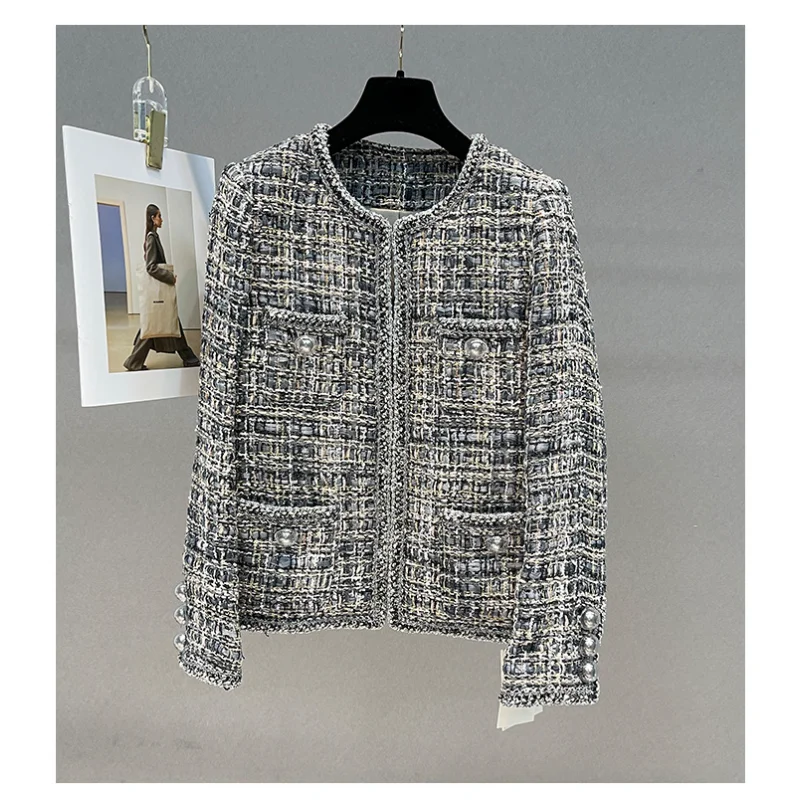 Spring Autumn French Small Fragrance Women Coat Fashion Long Sleeve Tweed O Neck Lace Dark Buckle Female High Quality Chic Coat