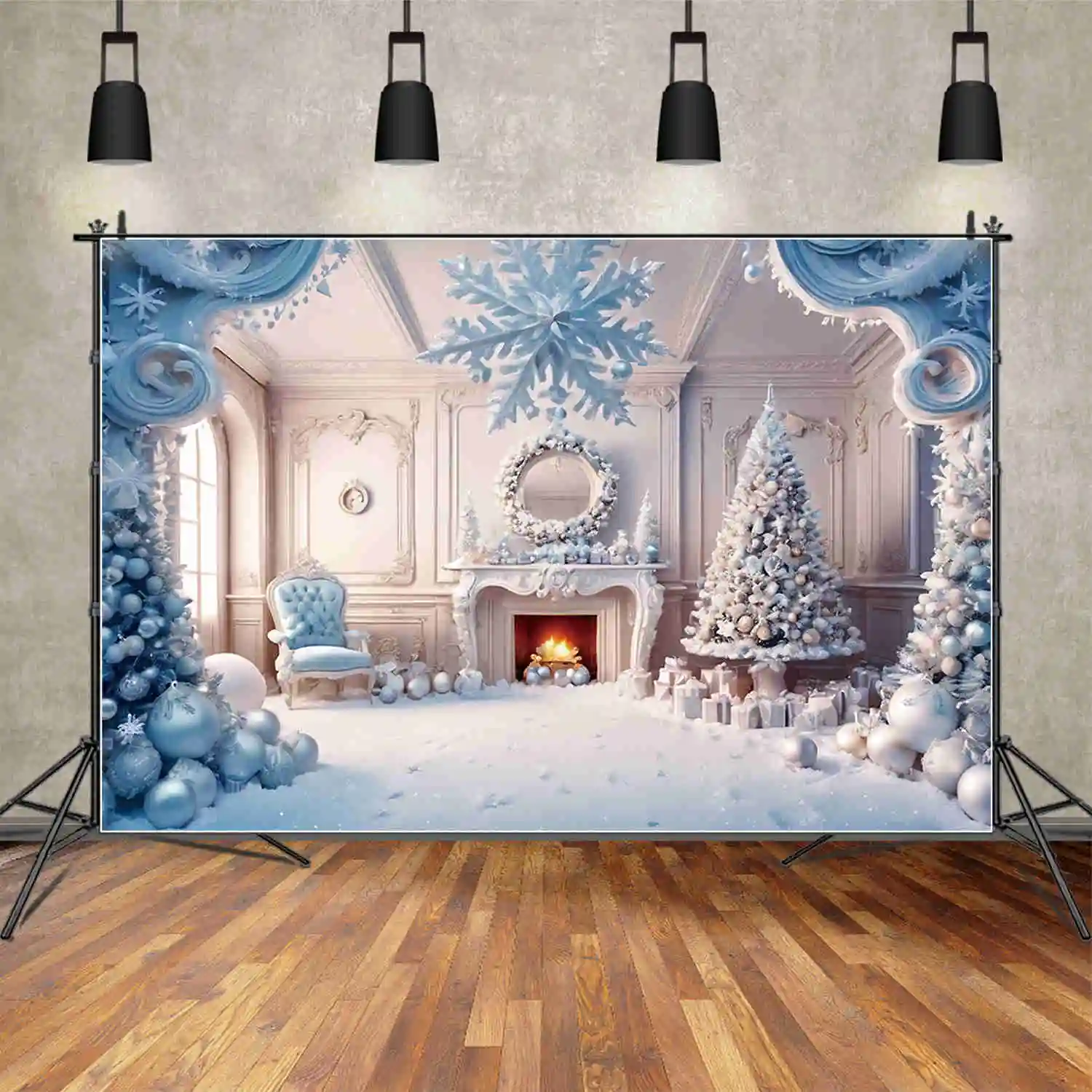 MOON.QG Children'S Christmas Tree Background Western Fireplace Indoor Ornaments Gift Backdrops Party Decor Photocall Accessories