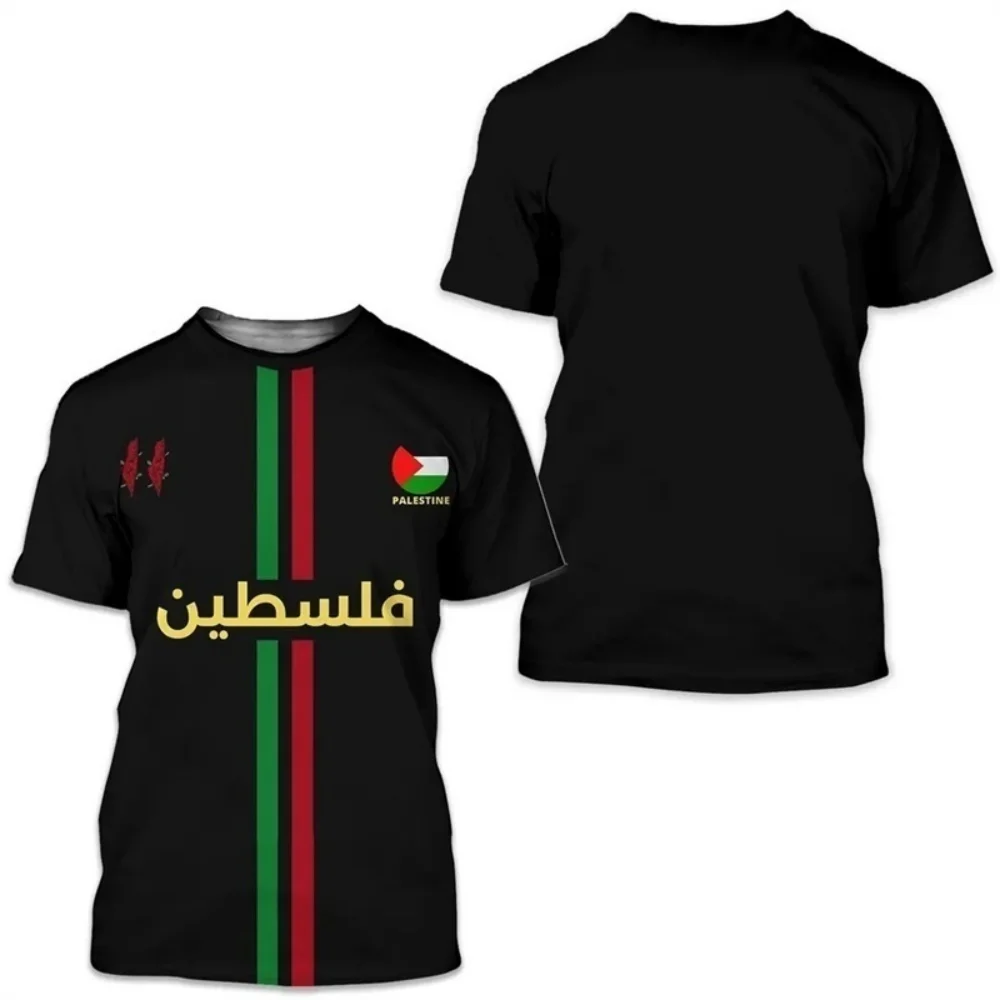 Palestine Theme Crew Neck T-Shirt with Flag & Arabic Text Casual Daily Wear Unisex Fashion Top for Cultural Expression