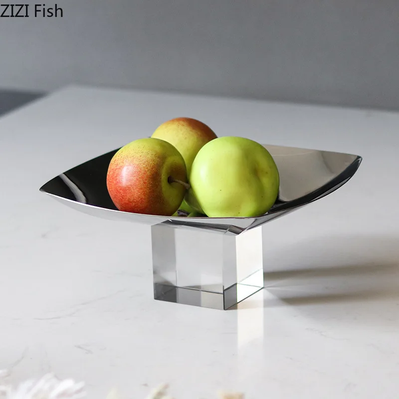 

Metal Square Fruit Plate Ornament Crystal Base Storage Tray High Footed Dessert Plate Cake Stand Display Plates Snack Bowl Dish