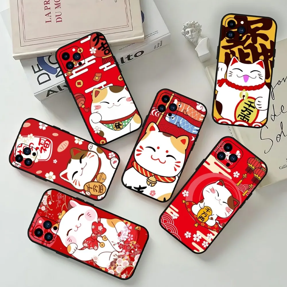 Maneki Neko Lucky Money Cat Phone Case For iPhone Mini 11 12 13 14 15 Pro XS Max X Plus SE XR Black Soft Shell