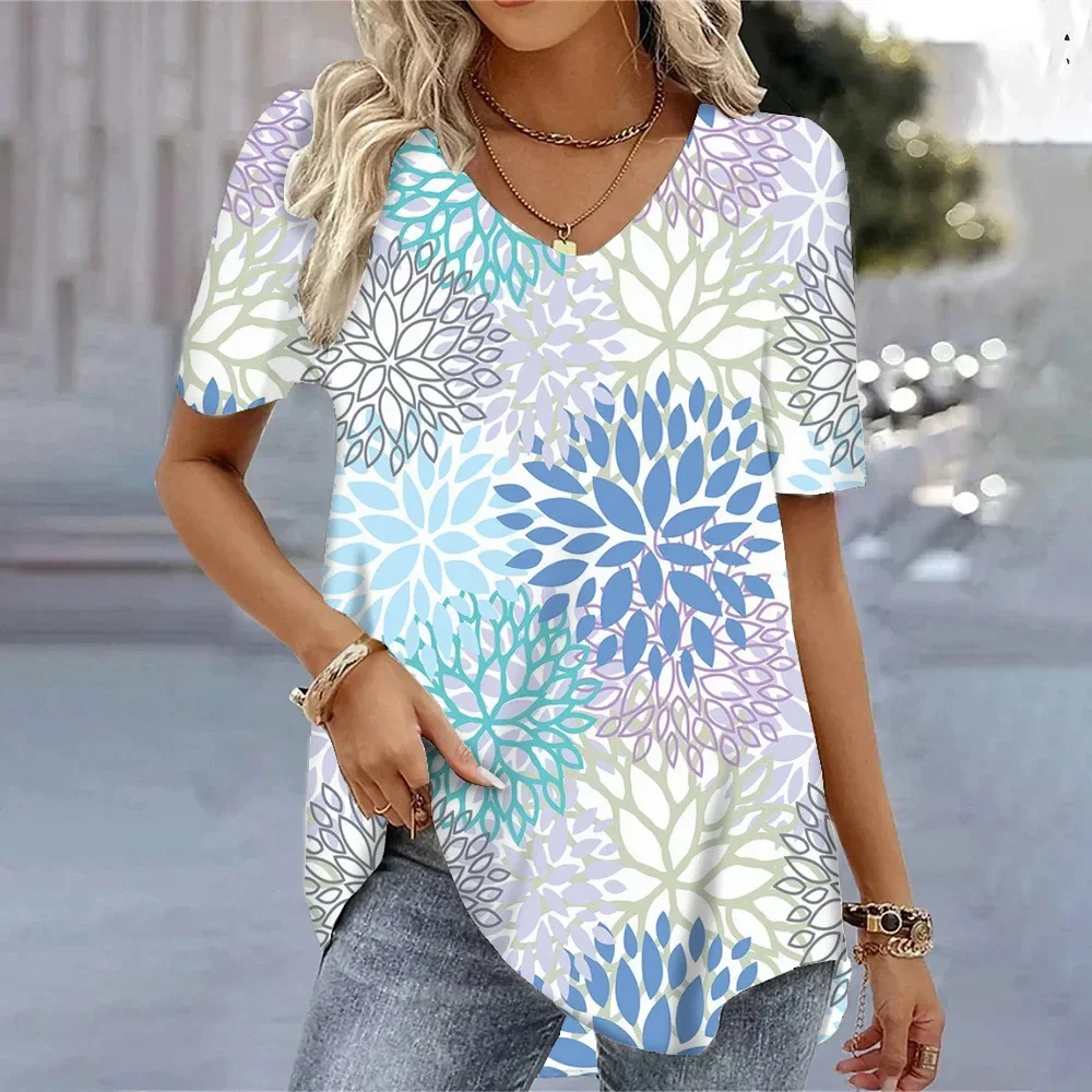 2024 New Daily Street Ladies V-Neck Short Sleeve Tops Fashion Women T-Shirt Clothing Ladies Loose Summer Pullover Short Sleeve