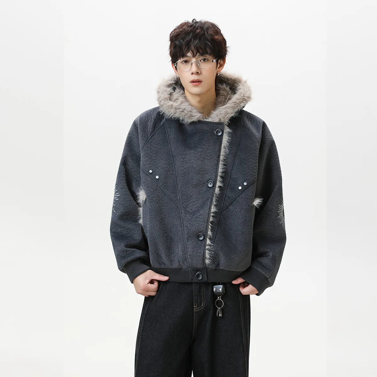 MWJLPWQ العصرية 2025 جديد الشتاء الفراء طوق الصوف سترة جلدية الرجال المتخصصة واحدة الصدر الملمس تصميم معطف القطن 21744 #4