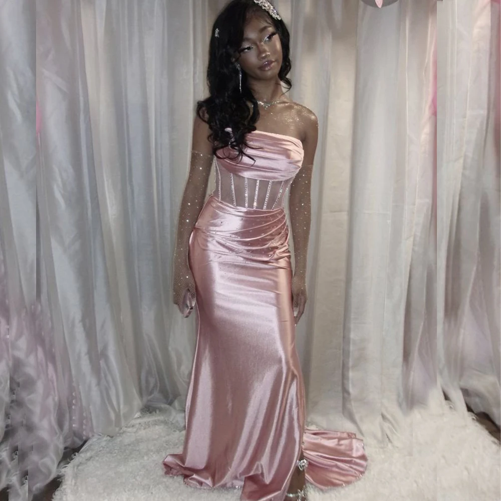 Glossy Mermaid Prom Dresses for Black Girls Strapless See Through Crytal High School Student Matric Dance Homecoming Gown Custom