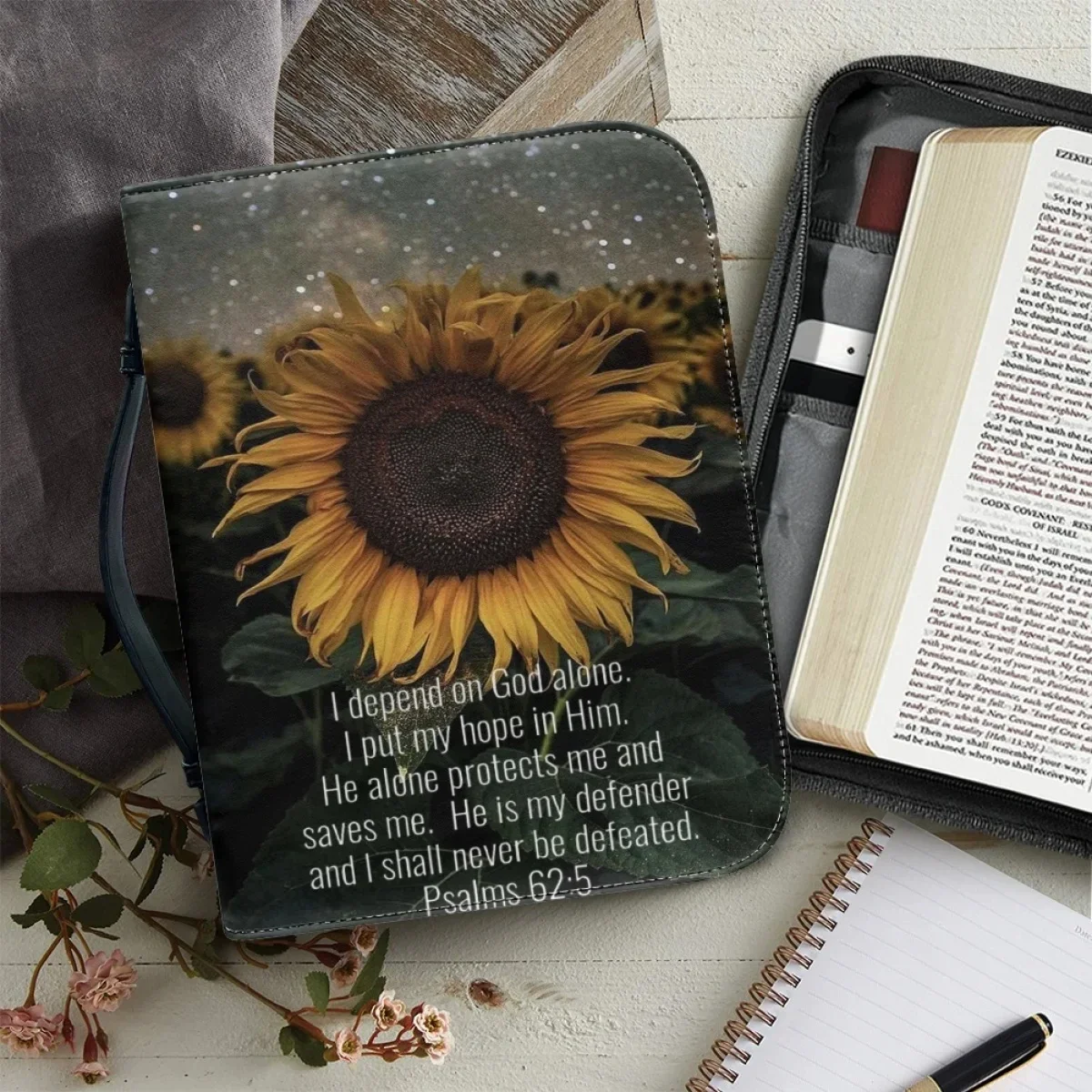 New Sunflower Design Bible Praise Print Bible Storage Bags Practical Zippered Handle Handbags Women's Leather Bible Cover Case