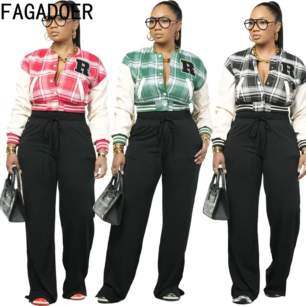 

FAGADOER Fashion Letter Grid Printing Coat for Woman Long Sleeves Bottoms Bodycon Baseball Jacket Female Streetwear Clothing