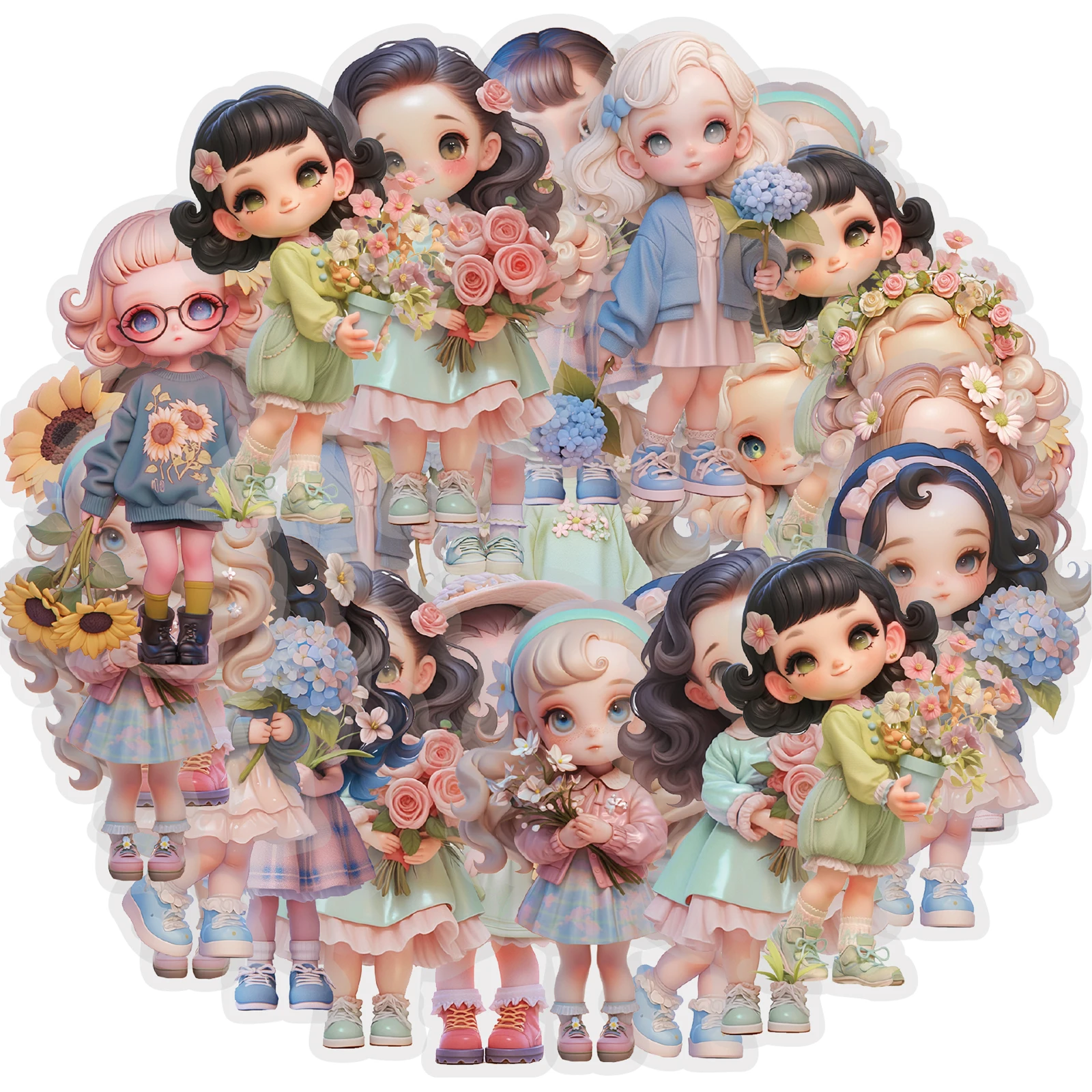 Etori Life Floral Girl 10 Stück weiche, niedliche Bouquet Girl Q-Version Aufkleber, heilende Macaron-Farben, Puppenmuster-Sticker für Notizbücher, Handys, Gepäck, Bürodekoration, handgemachte