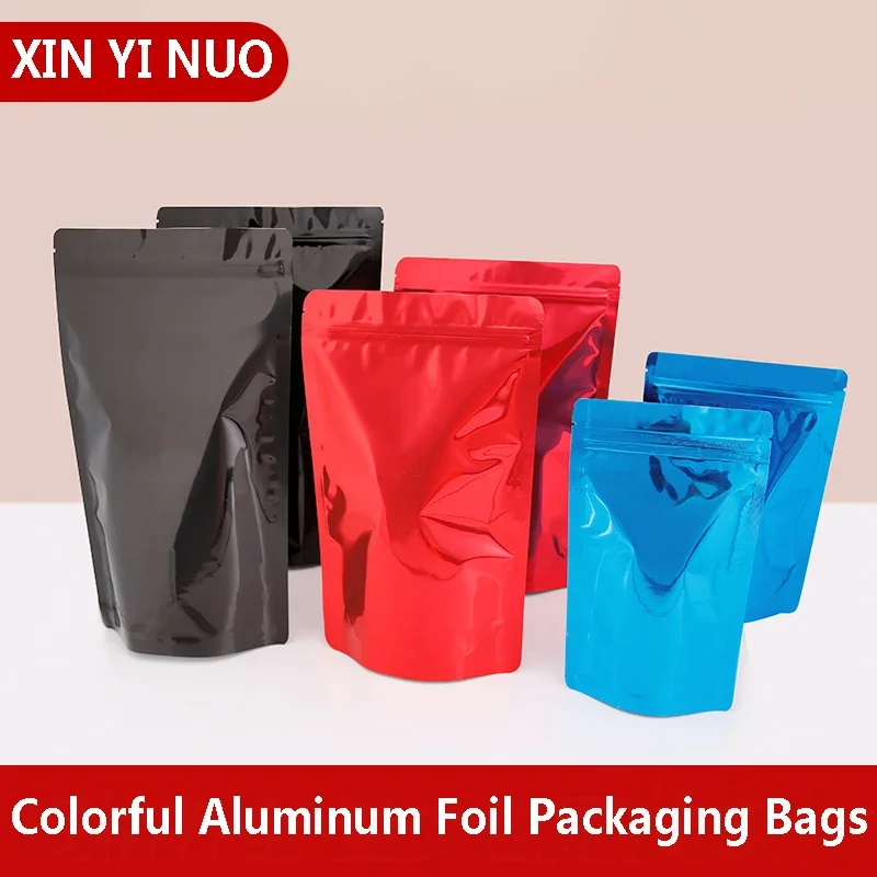 100pcs Colorful Aluminum Foil Bags Self-Sealing Food Gift Wraps Red Green Black Blue White Logo Printed Packaging