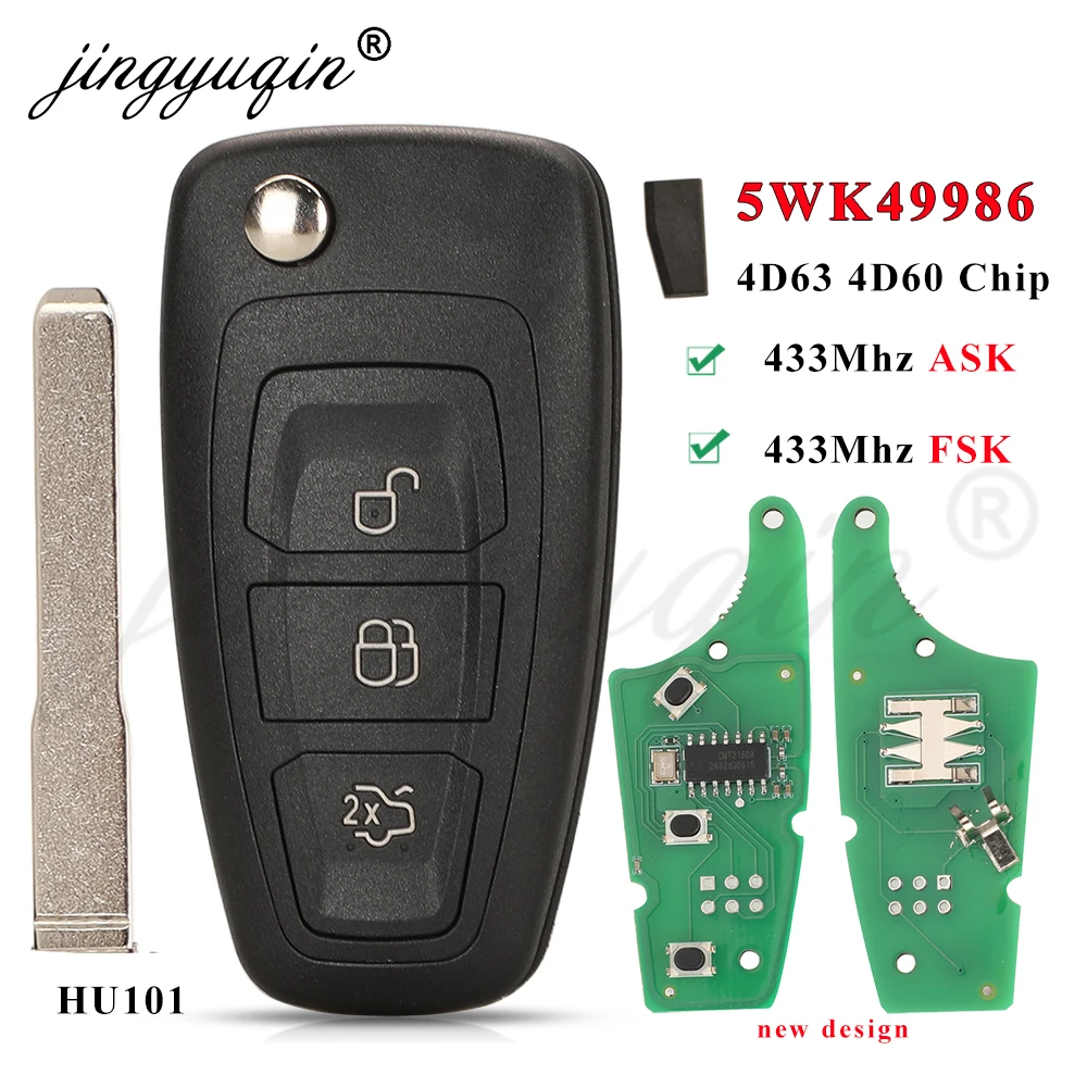 jingyuqin 3BTN 433Mhz ASK/FSK 4D63 4D60 Chip Remote Car Key Fob For Ford Kuga C-Max Focus Fiesta Mondeo Galaxy HU101 Flip Blade