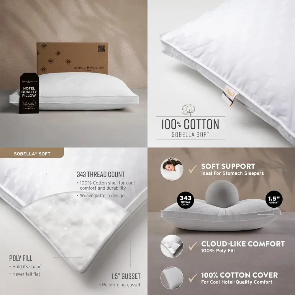 

luxury resort quality soft side sleeper pillow - 300 thread count 100% cotton, down-alternative fill, plush comfort