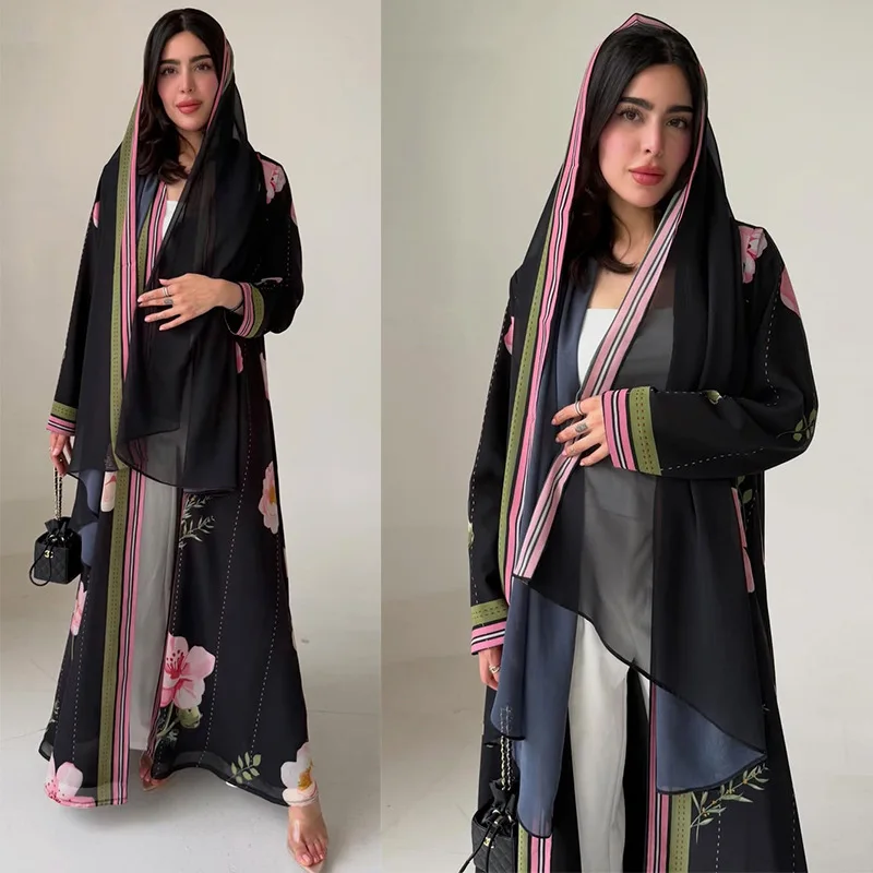 Abaya Hijab Women Eid Flower Print Dress Muslim Cardigan Robe Khimar 2 Piece Set Jalabiya Ramadan Morocco Dubai Vestidos Kaftan
