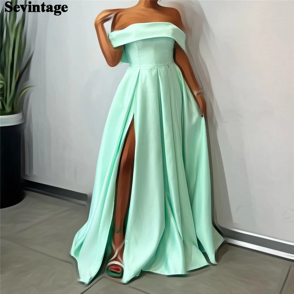 

Sevintage Elegant Mint Green Prom Dress Satin Off The Shoulder Floor Length High Side Slit Party Dresses vestidos de graduación