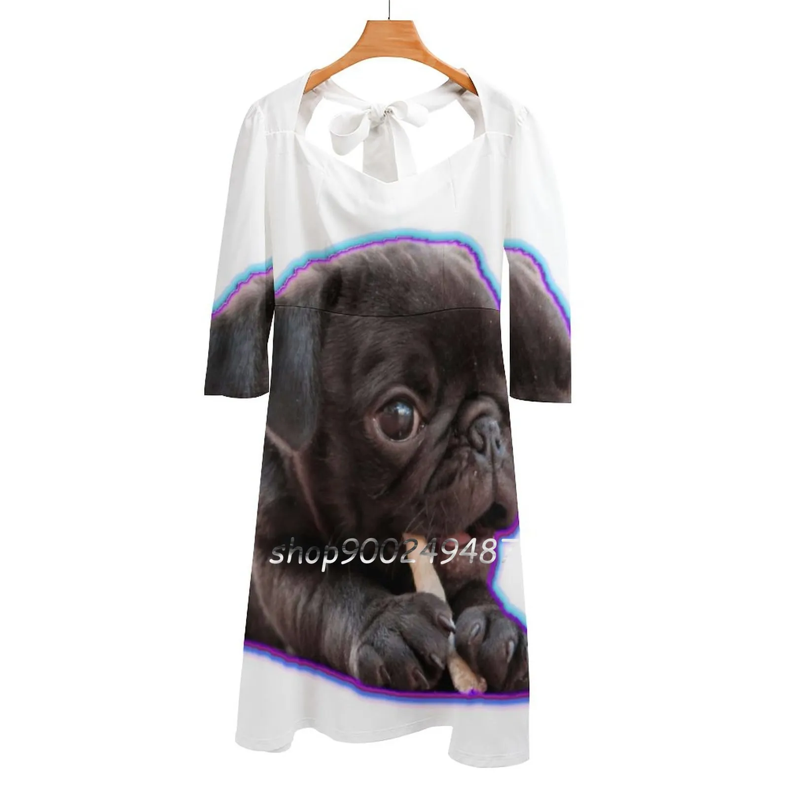 Mops Pixel Square Neck Dress Cute Loose Print Dresses Elegant Beach Party Dress Mops Dog Fany Mops Dog Mopsy