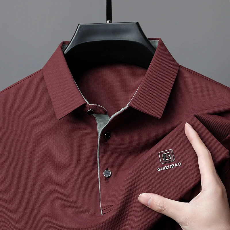 Light Luxury Brand Short Sleeve Polo Men Letter Embossed Business Casual T-shirt High-end Summer Breathable Solid Color Top