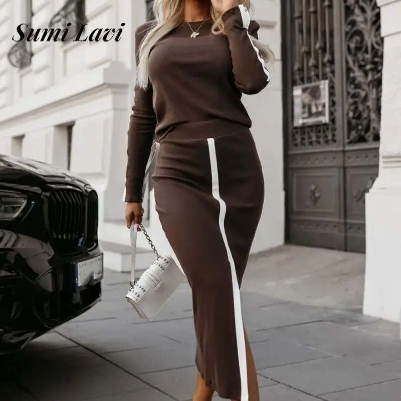 Women Causal Long Sleeve Slim Outfits Fashion Patchwork Long Sleeves 2Pc Sets Elegant O-neck Pullover & Split Long Skirts Suits