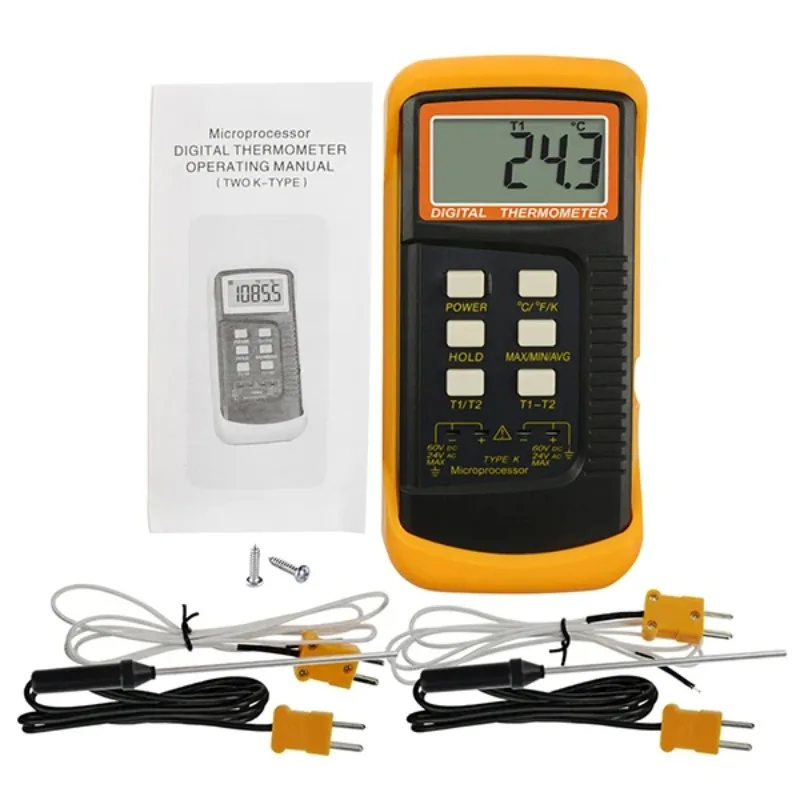 Digital 2-Channel Type K Thermometer - 50~ 1300 ° C (-58~ 2372  F) W/4 Thermocouple (Wired And Stainless Steel) Dual Flow Meter