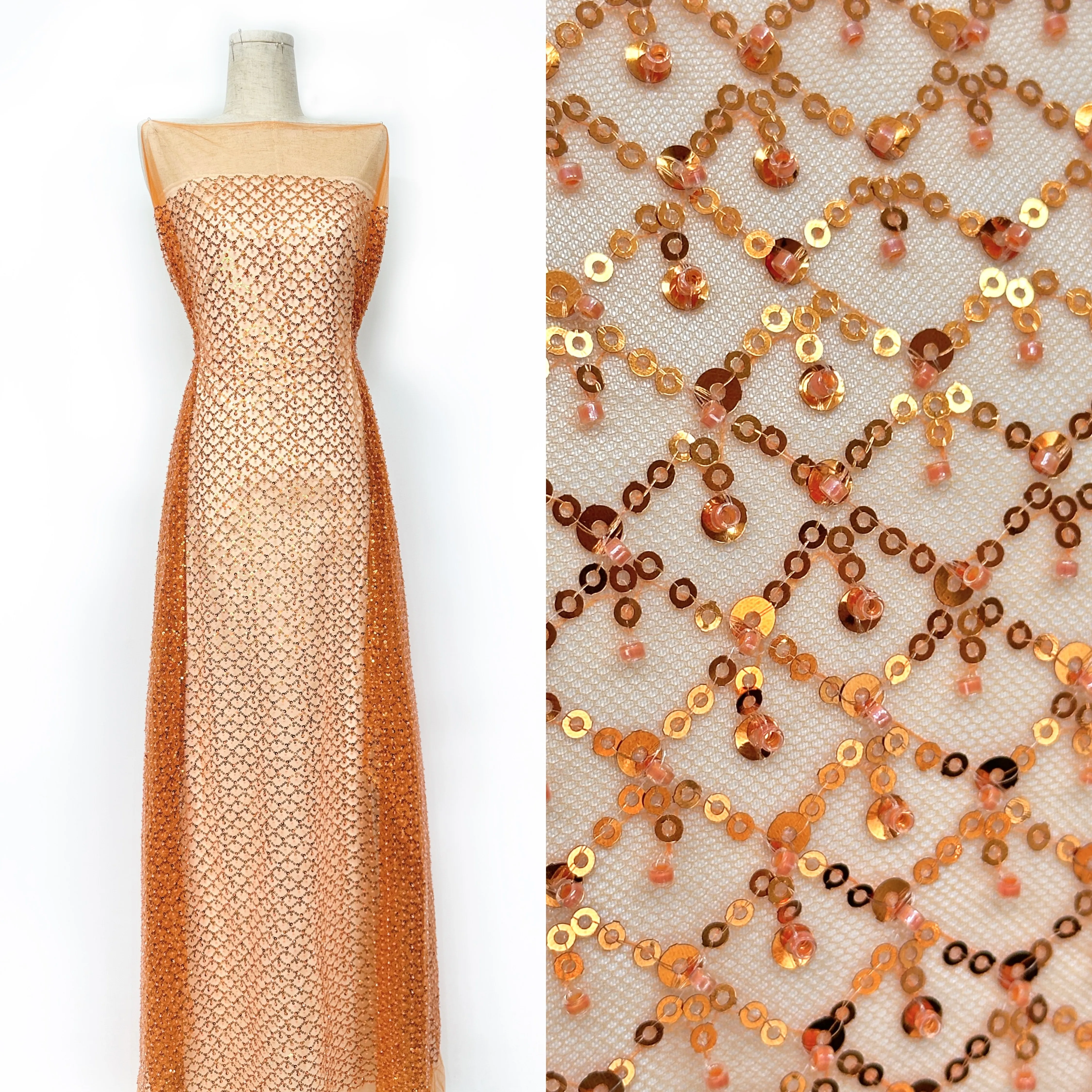 

Orange African Handmade Sequins Net Lace Fabric Heavy Beaded Tulle for Luxury Bride Dress Nigerian Mesh Lace Fabric