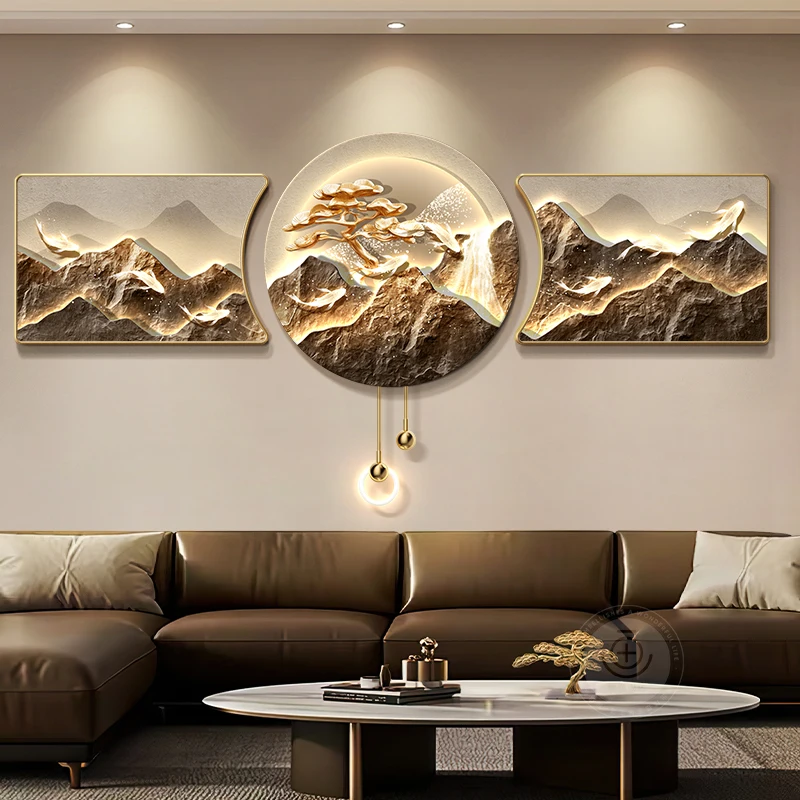 Landscape Nine Fish Painting Decorative Mural Modern Light Luxury Living Room Design High End Sofa Background Wall Painting Lamp