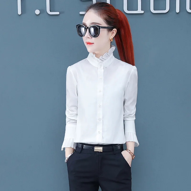 Fashion And Versatile Stand Up Collar With Wooden Ear Edge Long Sleeved Inner Lining Shirt Women\'S Spring Autumn New Bottom Top