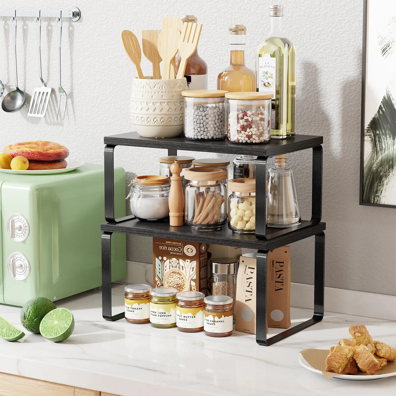 Schrank-Organizer-Regal, 2er-Set Küchenregale, Stapelbares Bambus-Gewürzregal, für Küche, Büroschreibtisch, Badezimmer