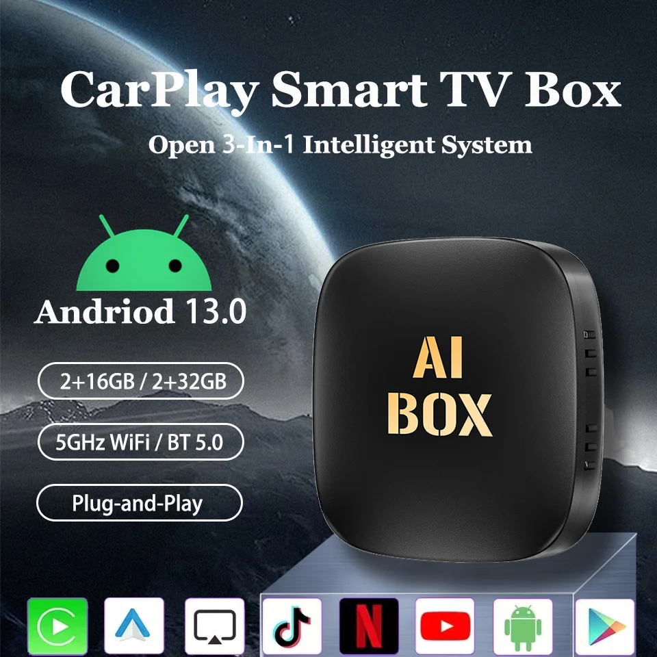 

Приставка Смарт-ТВ на Android 13, беспроводной адаптер для Apple CarPlay и Andriod, встроенный Netflix, YouTube, Google App Store, любые загрузки