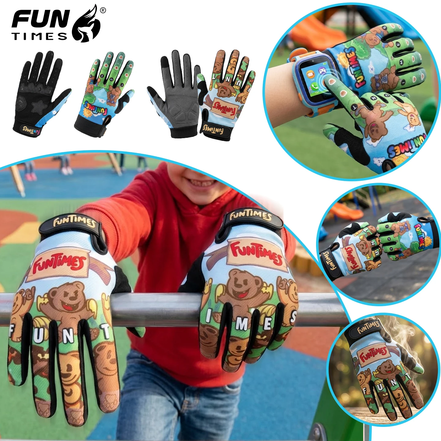 Children's cartoon bear full finger gloves, touch screen breathable gloves, boys and girls cycling, ice skating, outdoor sports