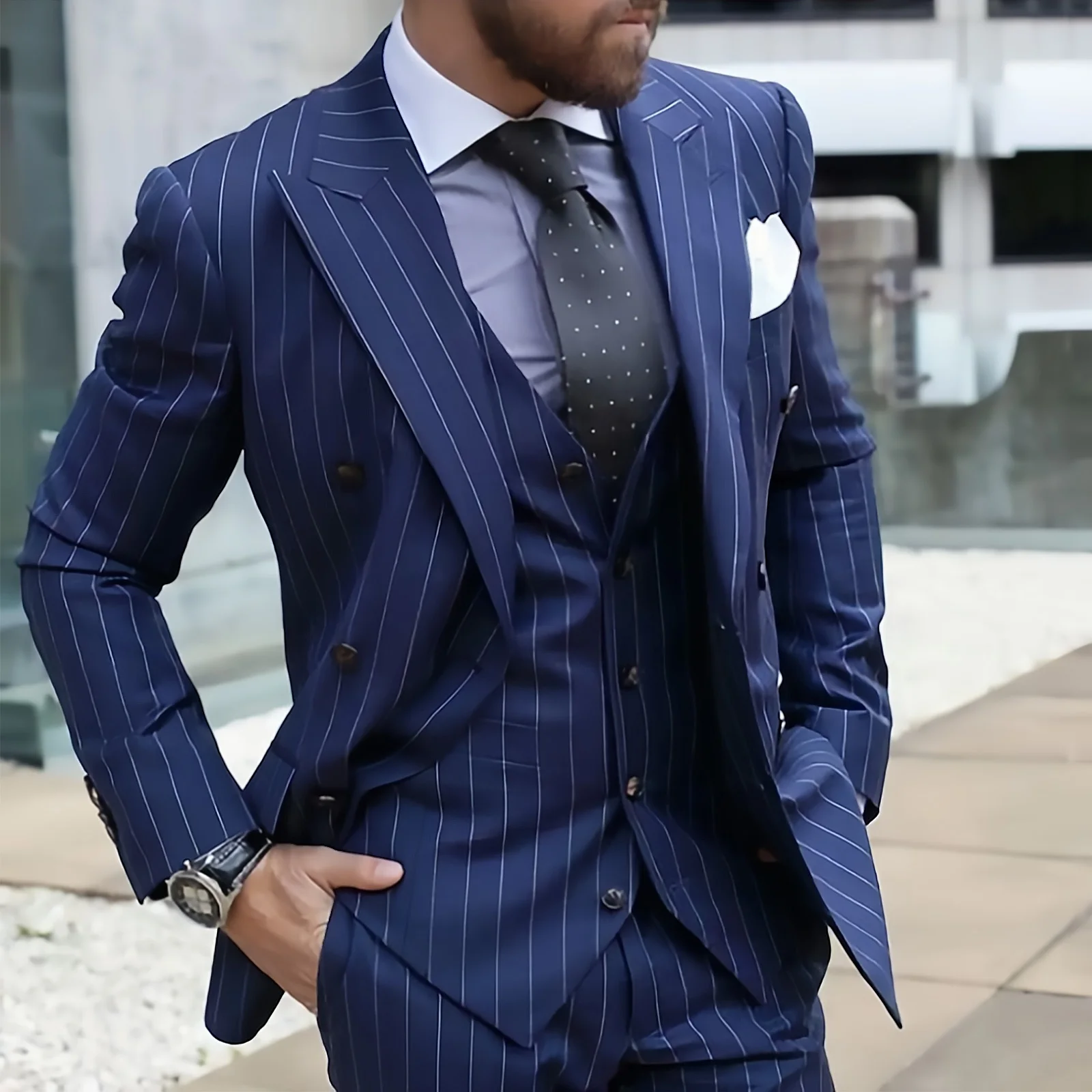

AnnieBritney Stripe Suits for Men Slim Fit Peaked Lapel Double Breasted Man Suit Set Traje De Hombre Terno Casamento Men Suits