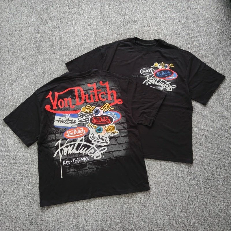 Retro Tee Old School Sticker Bomb Print 2026 Unisex Tshirt Wing Eye Badge And Cursive Letter Graphic Loose Short Sleeve Rider