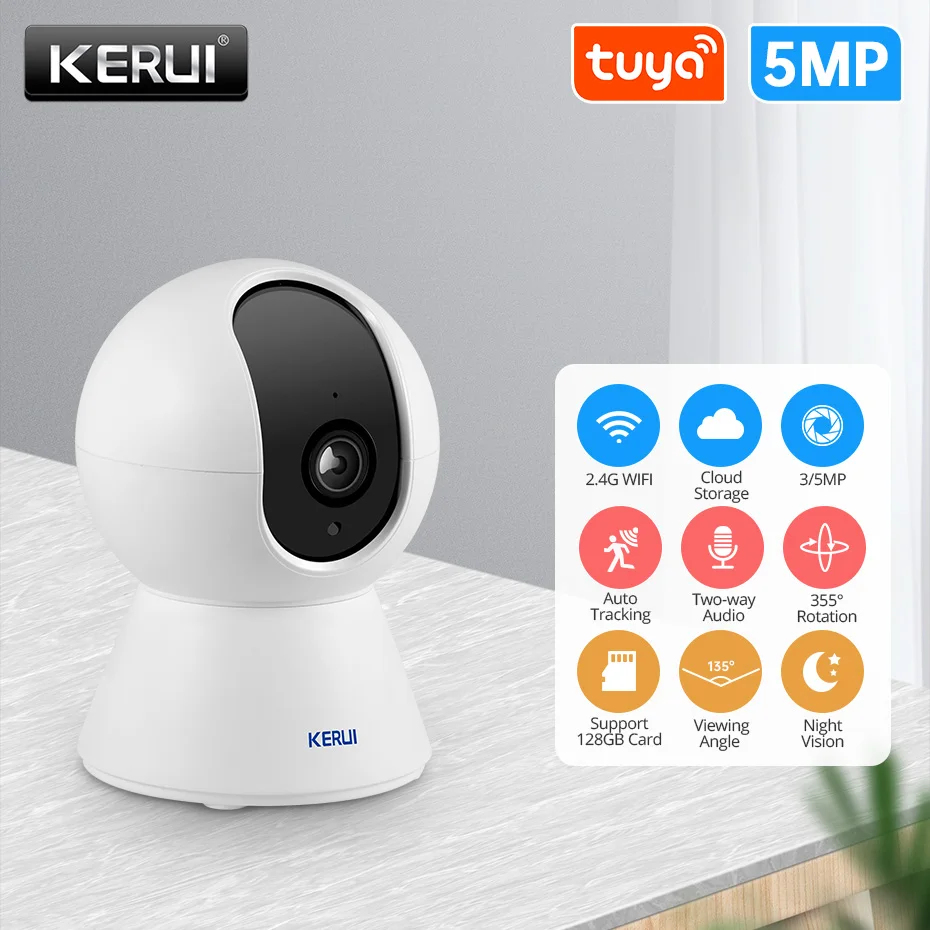 KERUI 3MP 5MP Tuya Smart Home Security Protection Mini IP Monitor Indoor Wifi IP Surveillance monitor CCTV 355 ° Auto Tracking