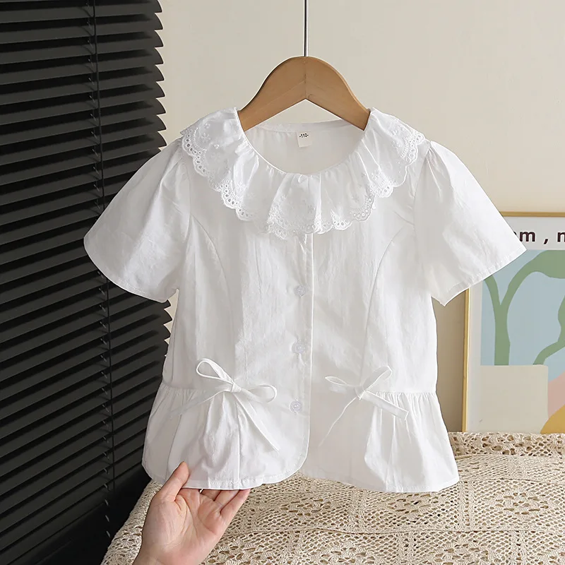 Bow Lace Collar Cute Button Cardigan Girls Children Summer Round Neck Short Sleeve White Shirt Children's Blouse Girls Kid Daily