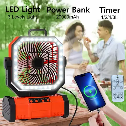 Camping Fan 20000mAh Battery Powered Fan Rechargeable with LED Light Portable Outdoor Tent Fan with Hanging Hook 4 Speeds Wind