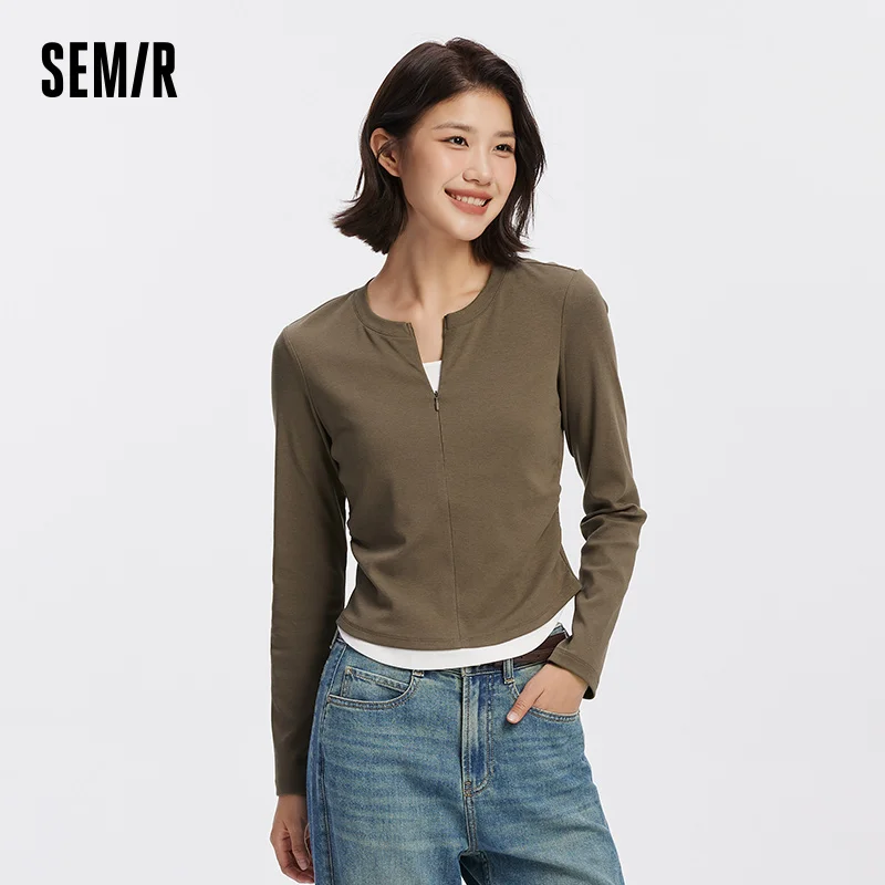 Semir Women T Shirt Cool Touch Slim Fit Mock Two Piece Long Sleeve Henley Cropped Casual Style Lightweight Fashion Tee Everyday