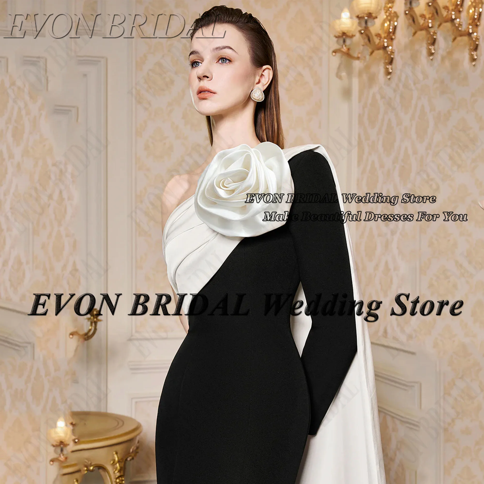 EVON BRIDAL Black And White Evening Dress Long Sleeves 3D Flowers Mermaid Prom Gowns Contrast Color Satin V-Neck Saudi Women