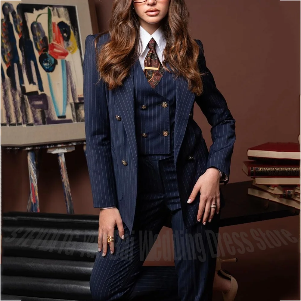 Vintage British Navy Blue Stripe Three Piece Women Suit Double Breasted Gold Button Blazer Vest Pants Straight Formal Outfit