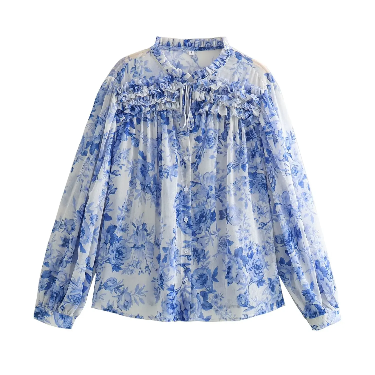 

Women's Layered Decorative Floral Print Loose Blouse Long Sleeve Single-Breasted Shirt