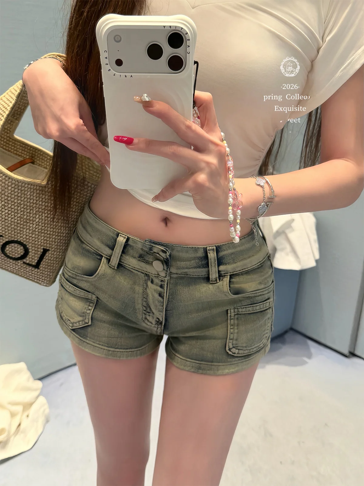 

Catyears Quick Carving Long Leg Two Color Slimming Sexy Shorts Women's High Waist Cotton Jeans Short Pants Spring Season