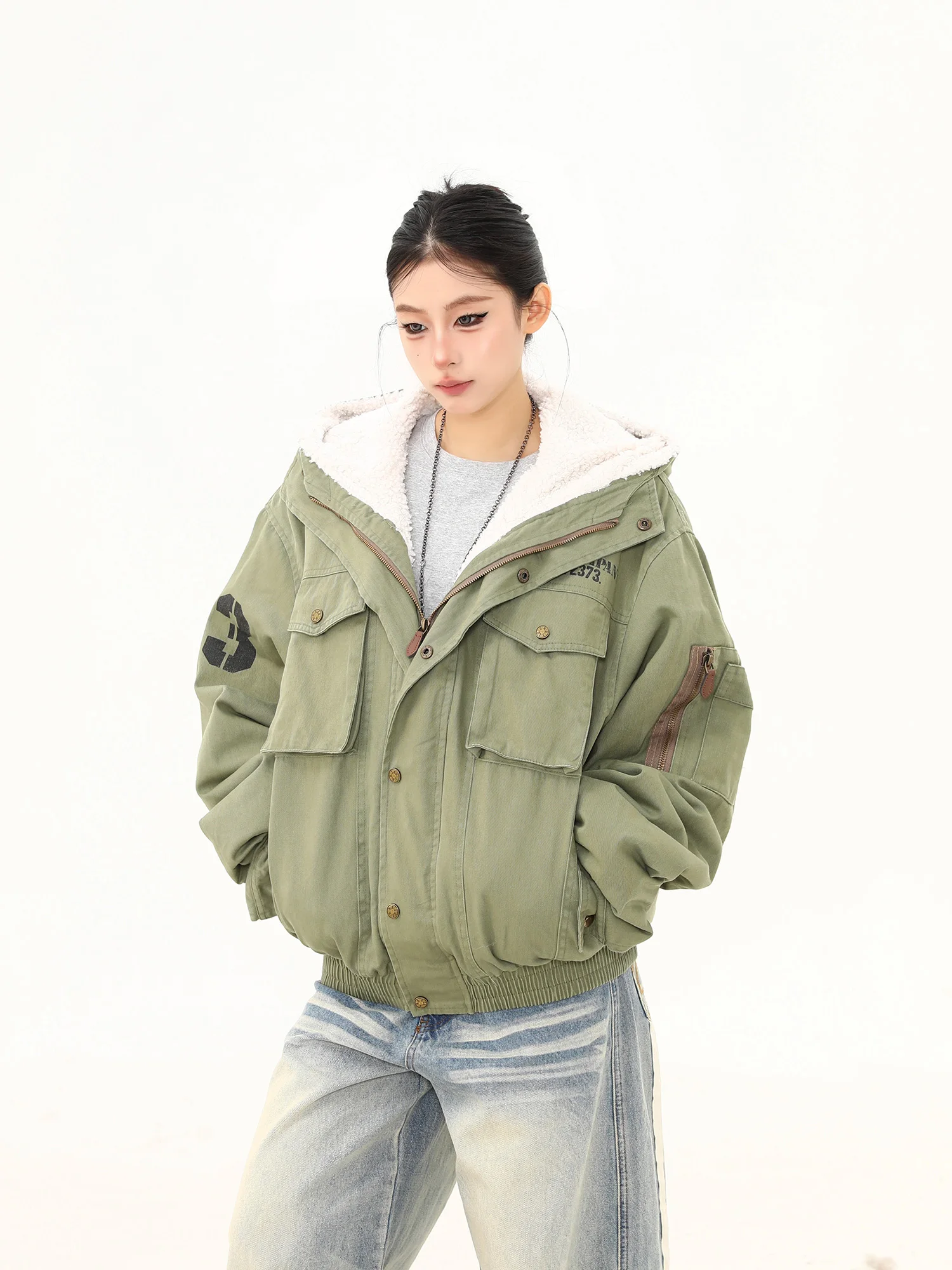 

Thiened Lamb Velvet Workwear Jaet Street Sle ex Winter Warm Cotton Coat Hooded Zipper Closure Pure Color Tagkita