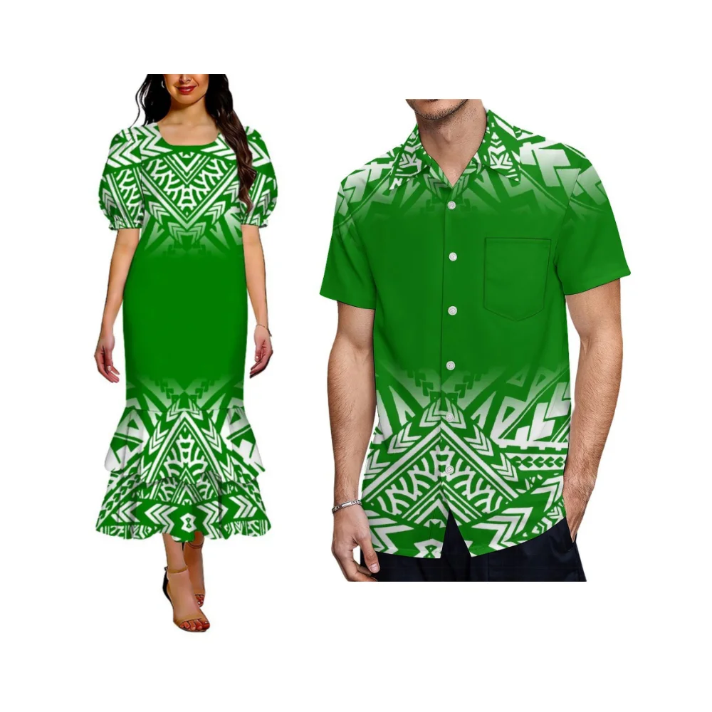 Customized Floral Print Pattern High-Quality Polynesian Couple Outfit Women'S Elegant Double-Layered Hemmed A-Line Skirt