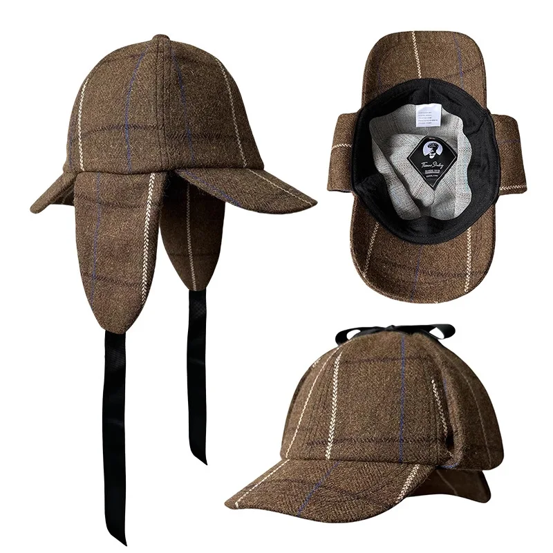 

New Grid Double Brim British Sherlock Holmes Detective Baseball Hat With Two Brims Ears Protection Chapeau Homme Snapback Caps
