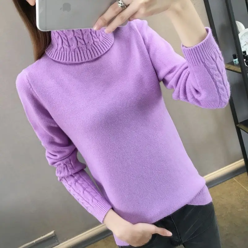 Women\'s Clothing Solid Color Pullover Long Sleeve Turtleneck Paisley Sweater Knitted Casual Fashionable Autumn Winter Tops